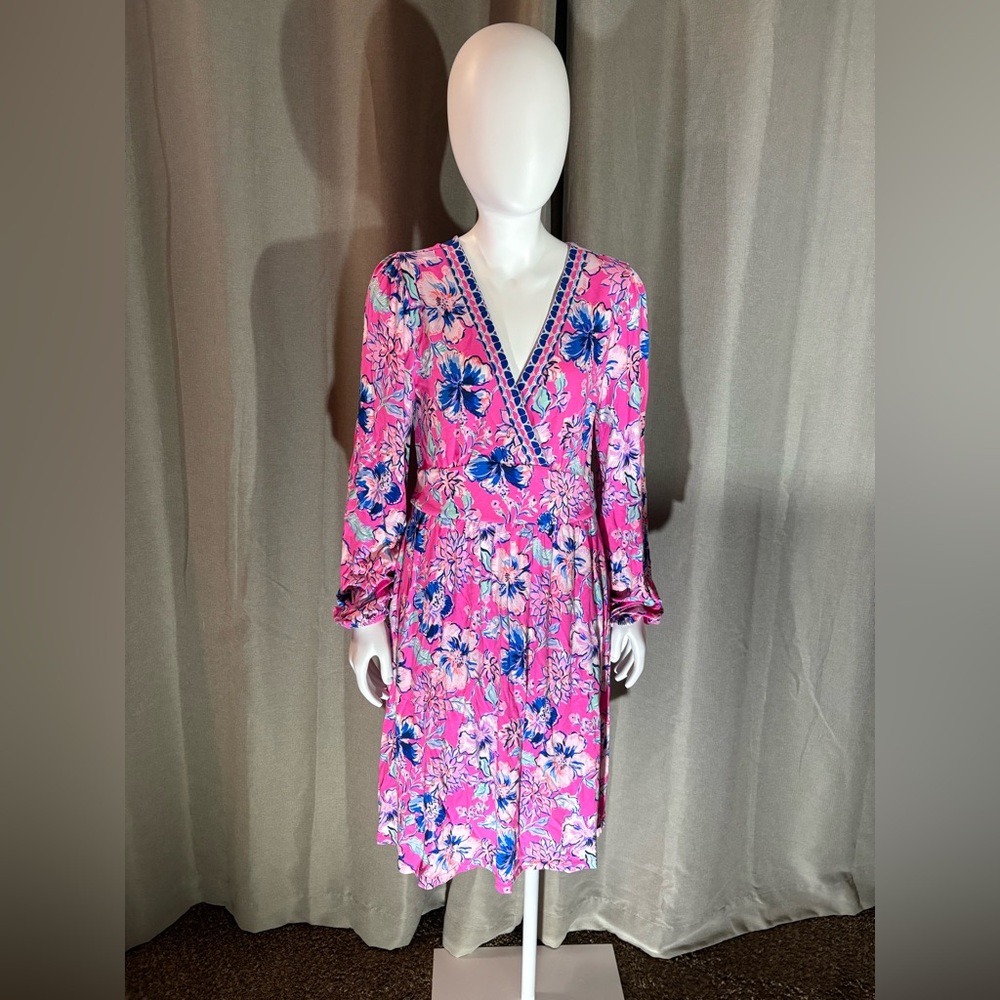 Lilly Pulitzer Carmella Pink Isle  Vibrant Pink and Blue Long Sleeve Dress